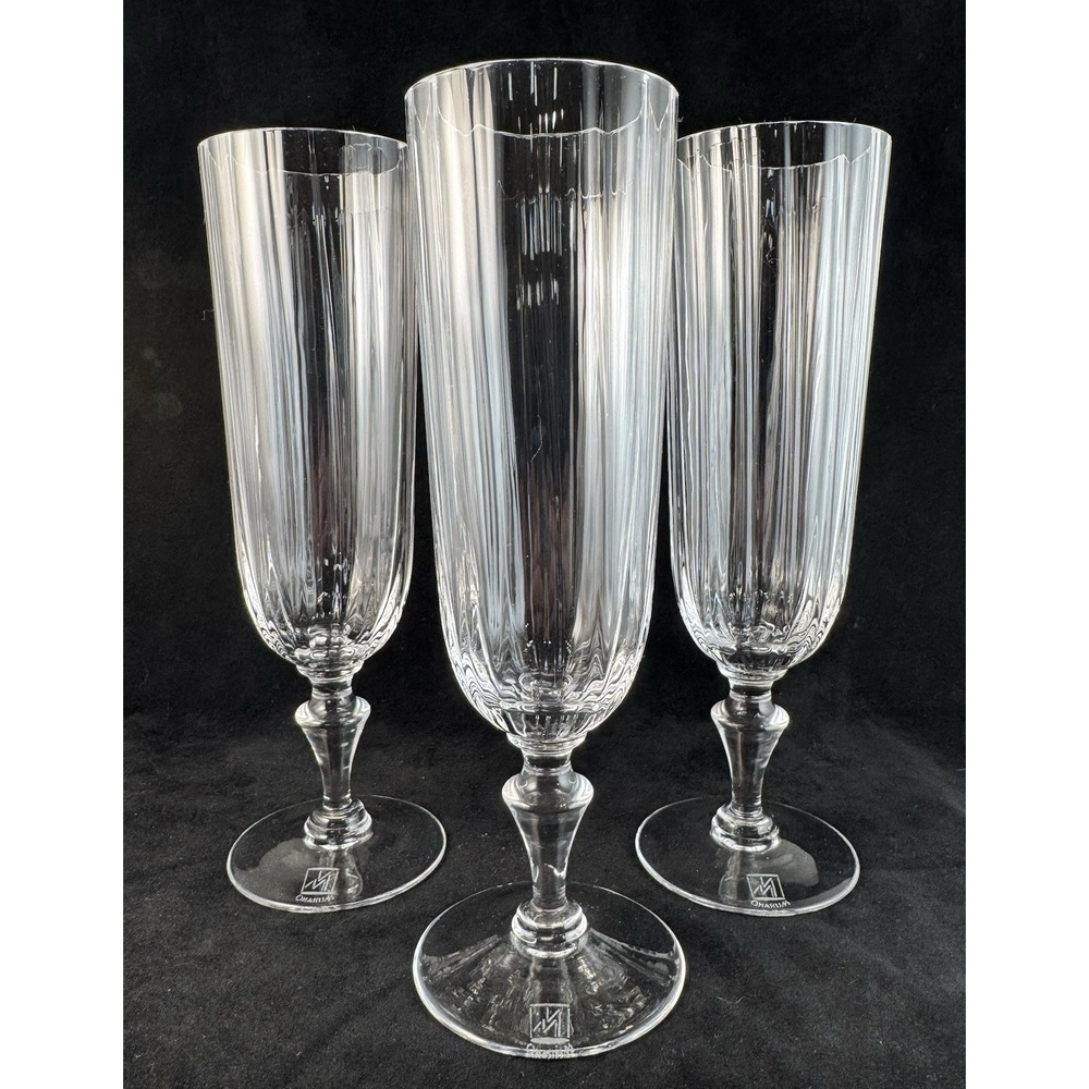 Nason Moretti Murano Italy Set 3 Optic Rigadin Champagne Flutes Etched Ribbed